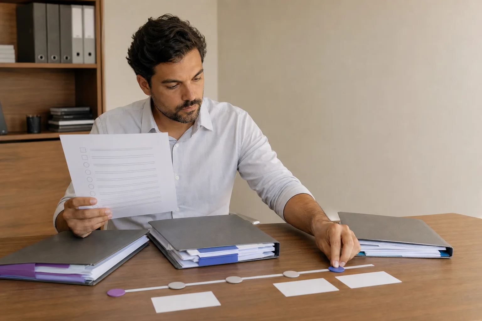Consultor organizando referências, decisões e entregáveis de um cliente