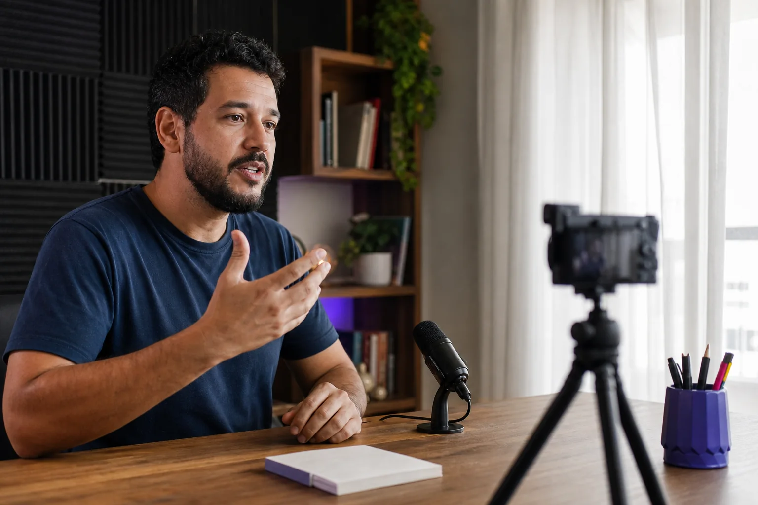 Criador de cursos gravando uma aula em um estúdio doméstico compacto