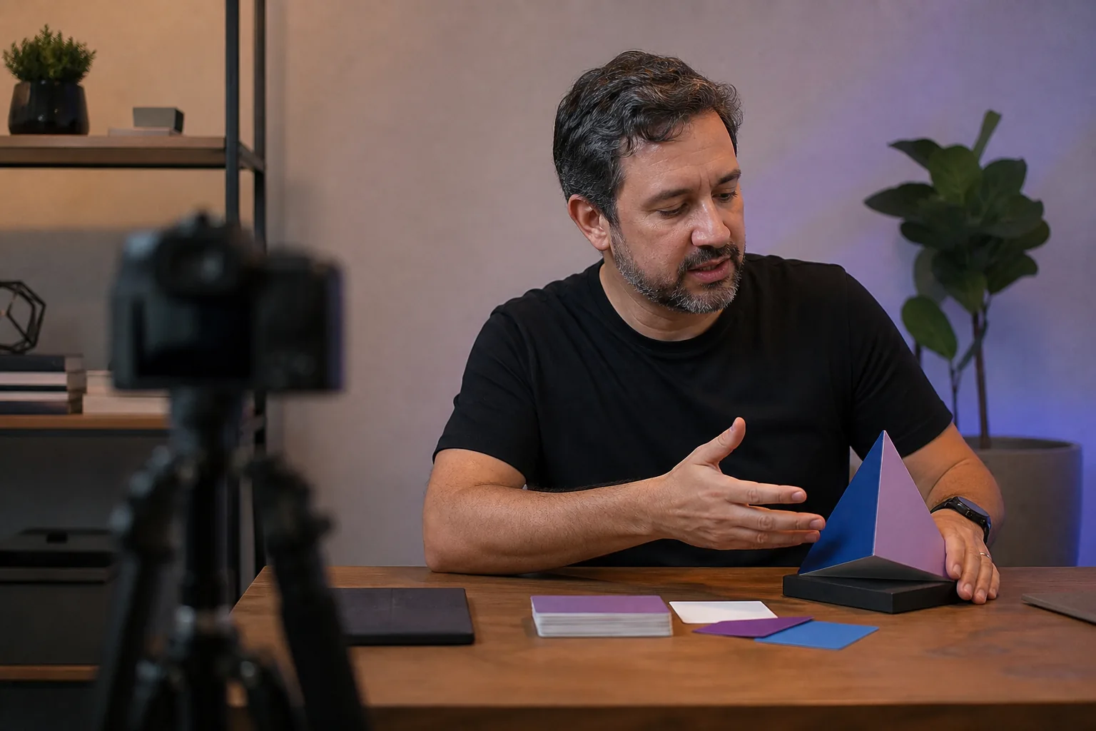 Especialista gravando uma explicação aprofundada com material de apoio