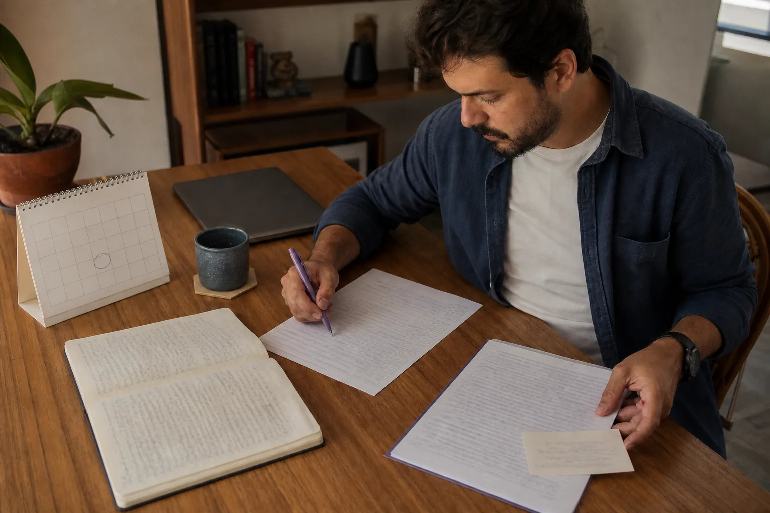 Mentor organizando registros, exercícios e próximos passos depois de uma sessão