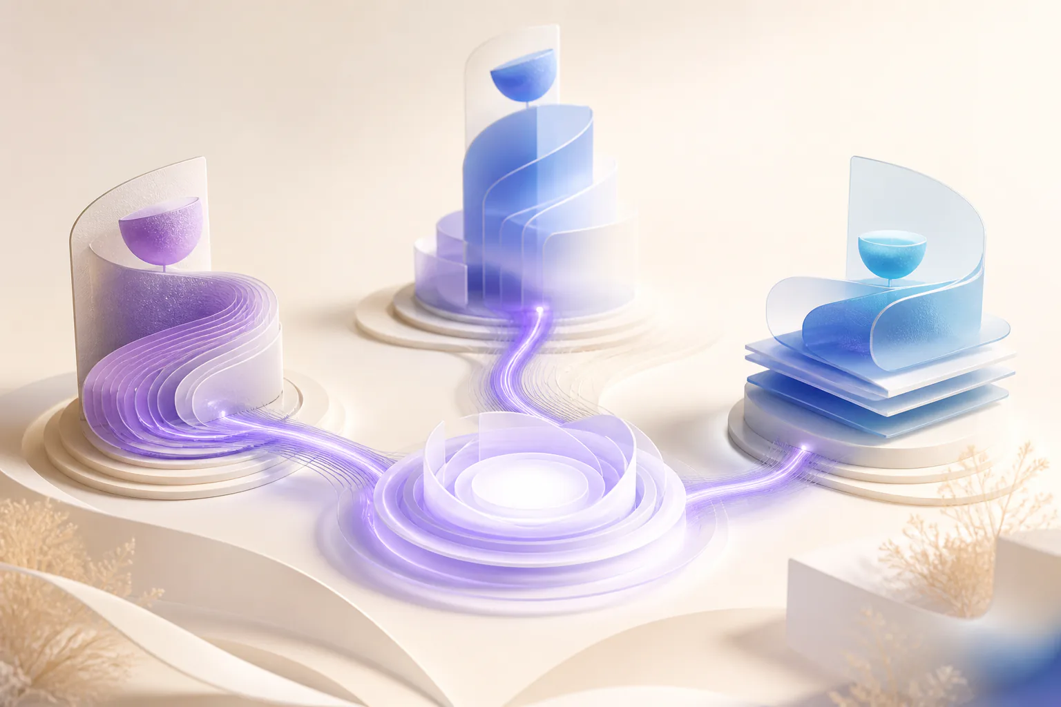 Estruturas em roxo e azul conectadas a um núcleo central