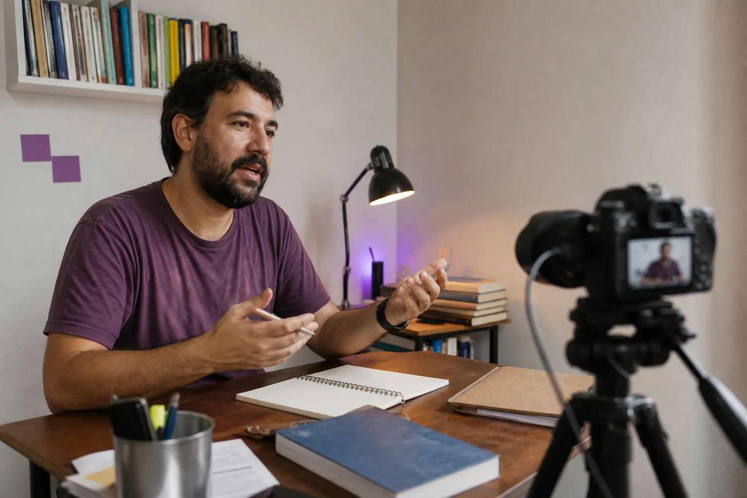 Professor independente gravando uma aula em um estúdio doméstico